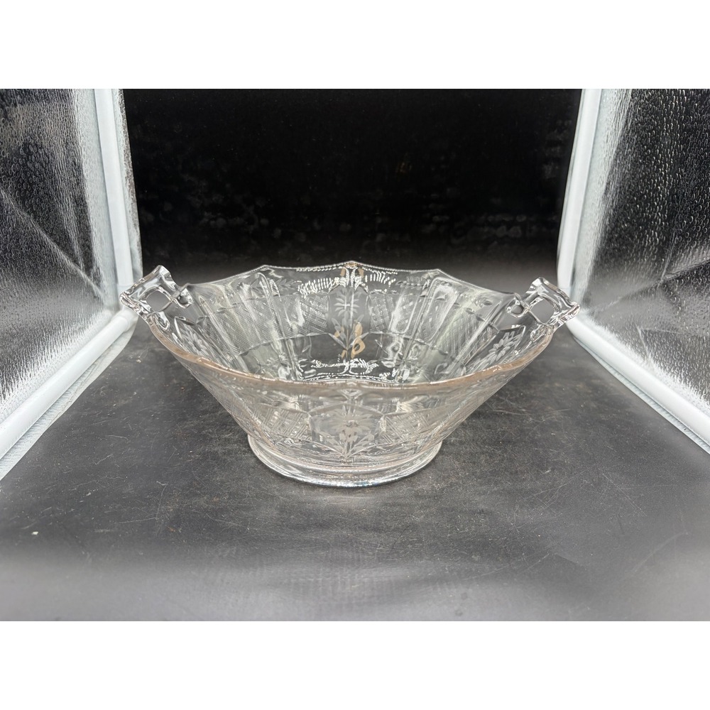 Vintage‎ Clear Etched Glass Octagonal Serving Bowl Floral Geometric Dual Handles